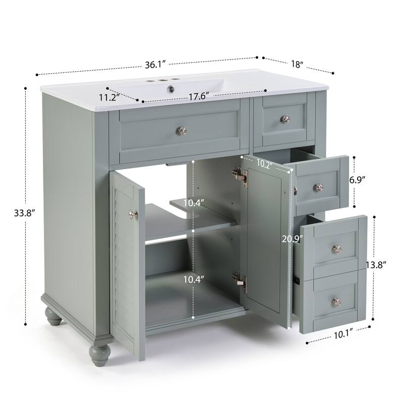 36" Bathroom Vanity With Top Ceramic Art Sink and Artificial Stone Slab, 2-Soft Close Door, Wall-Mounted Mounting Design