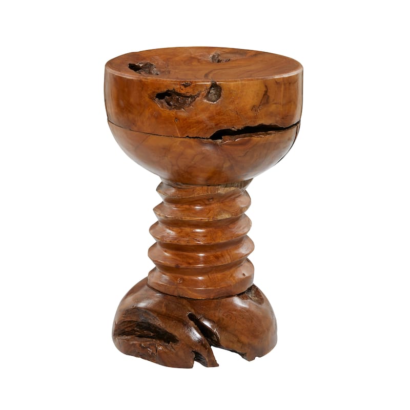 Brown Teak Wood Handmade Live Edge Accent Table with Coiled Base