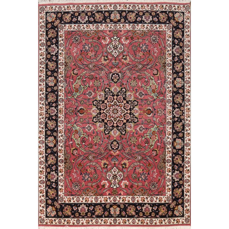 Floral Pink Tabriz Persian Rug Handmade Wool & Silk Carpet - 4'1"x 7'0"