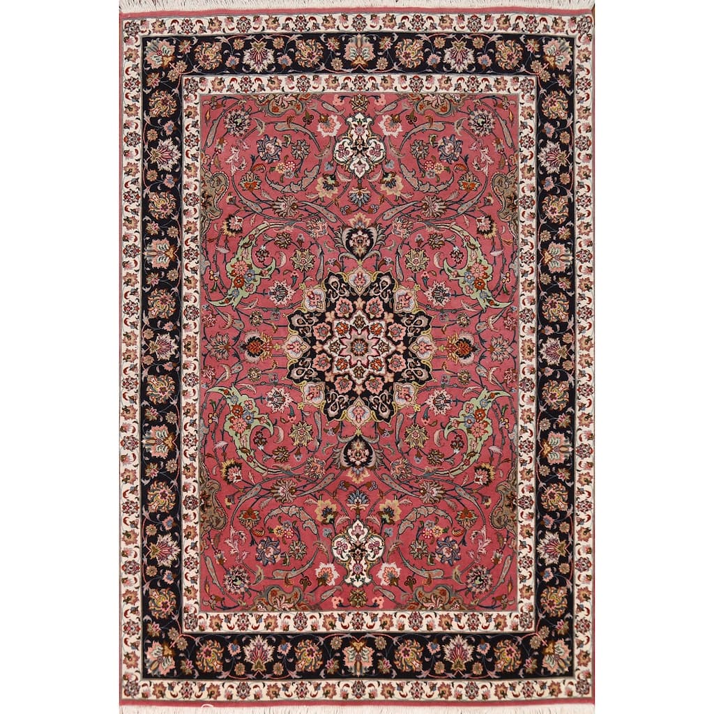 Floral Pink Tabriz Persian Rug Handmade Wool & Silk Carpet - 4'1"x 7'0"