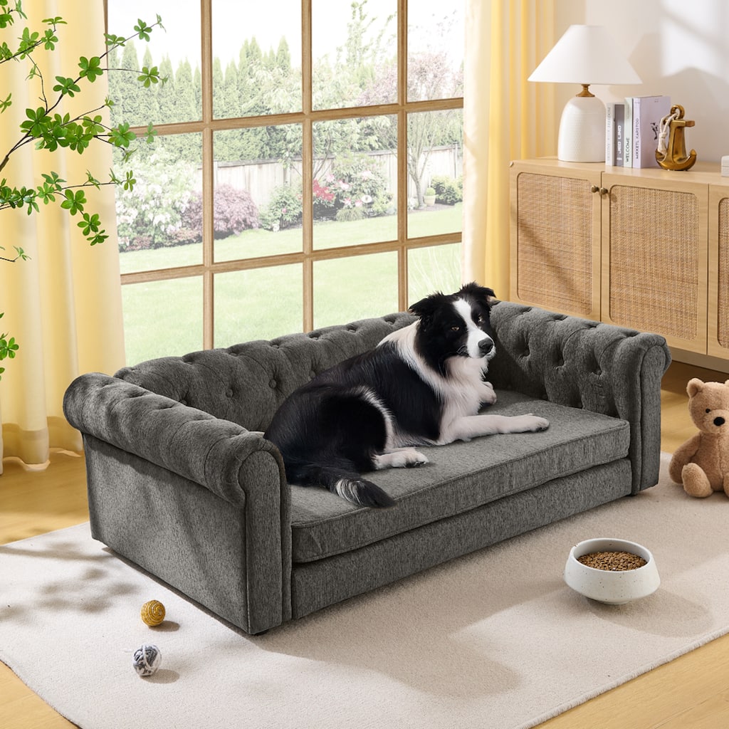 Roomfitters Upholstered Pet Sofa Chesterfield Style Elevated Dog Bed Couch with Rolled Arms & Button Tufted Cushion Seat