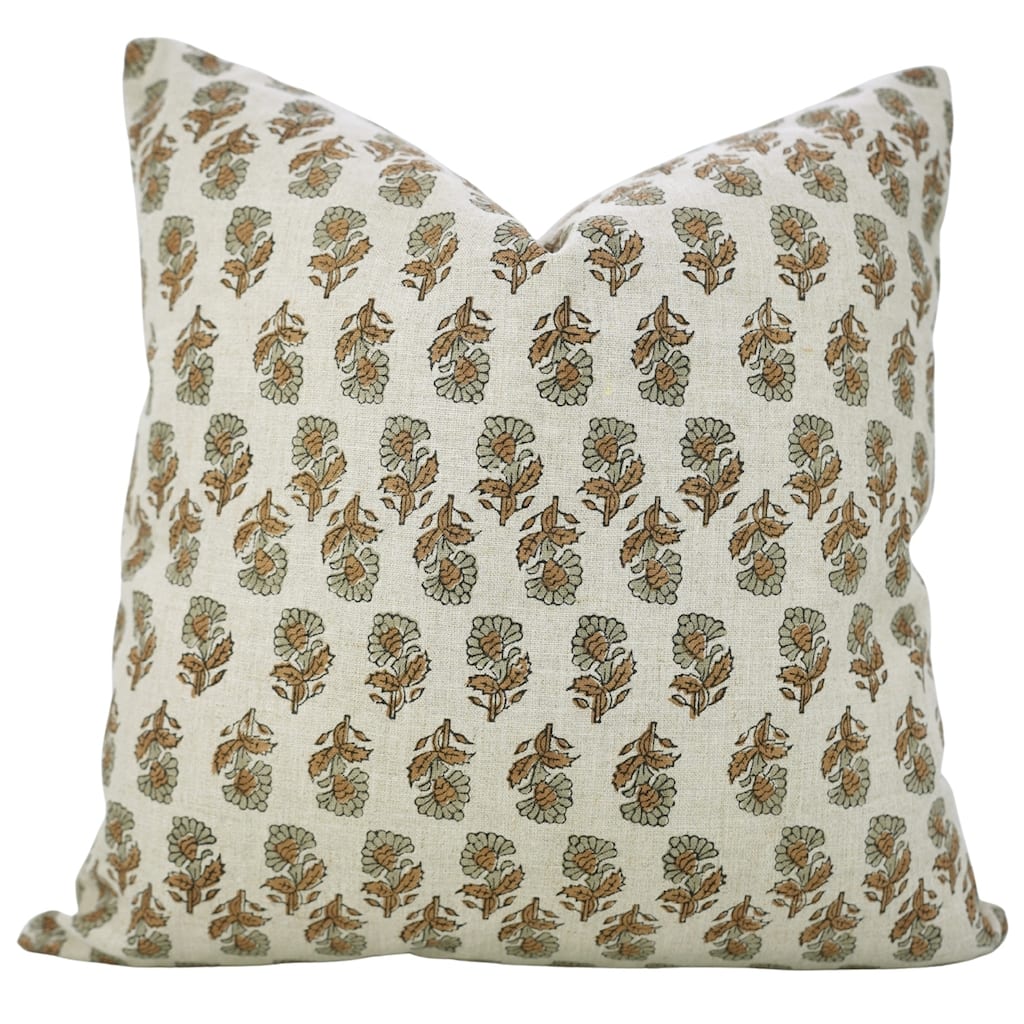 Fabdivine Soft Gray Pure Linen 24x24 Inch Sustainable Block Print Cushion Cover for Sofa, Chair or Fall Home Accent, Ashok