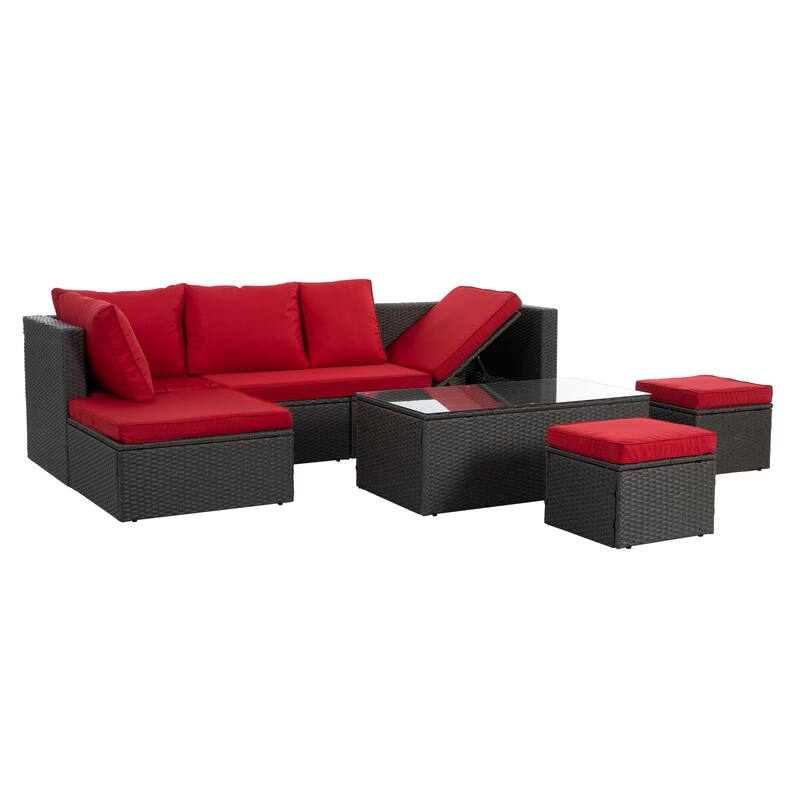 7-Piece Wicker Patio Conversation Set with Dark Gray Cushions - red