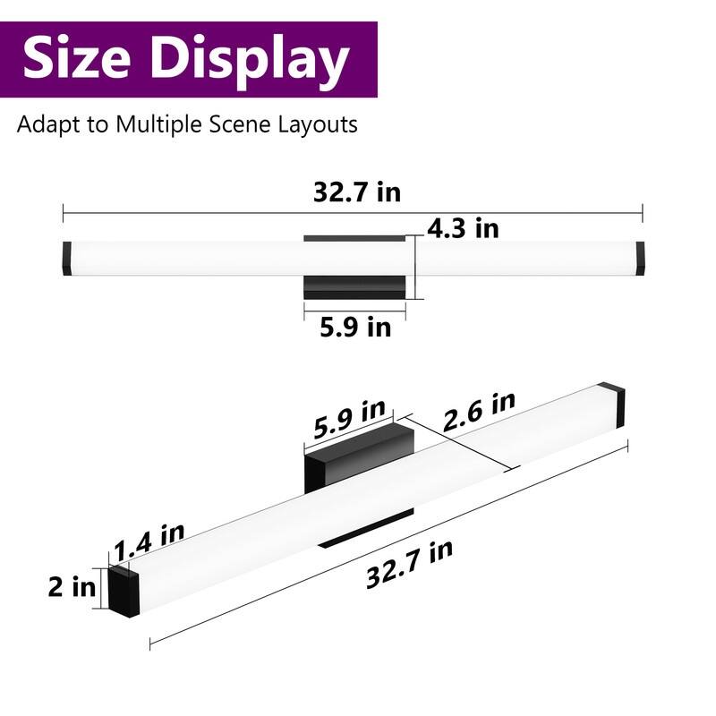 Modern Black LED Bathroom Vanity Light - 6000K Cool White Over Mirror Lighting