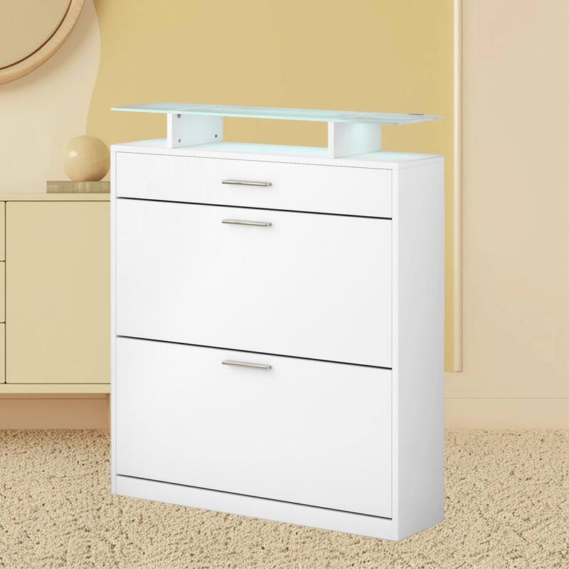 Contemporary Shoe Rack Storage Cabinet with Adjustable Shelves, Tempered Glass Top and LED Lighting, for Hallway Organize - White