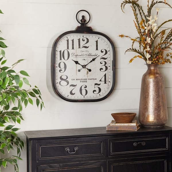slide 2 of 20, Black Metal Distressed Pocket Watch Style Decorative Wall Clock with Ring Finial Black