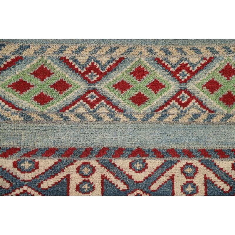 Light Blue Kazak Runner Rug Hand-Knotted Geometric Wool Carpet - 3'4" x 16'0"