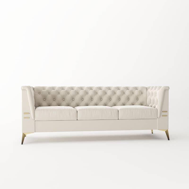 Velvet Upholstered 3-Seater Sofa Modern Living Room Couch Sofa with Deep Button Tufting Sofa and Metal Legs, Square Arms