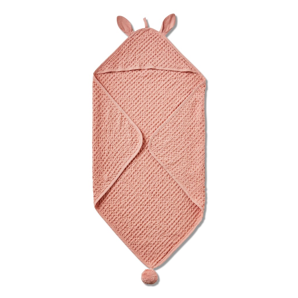 Bunny Rabbit Shaped Pink Children's Kid's Hooded Waffle Wave Organic Cotton Bath Towel,
