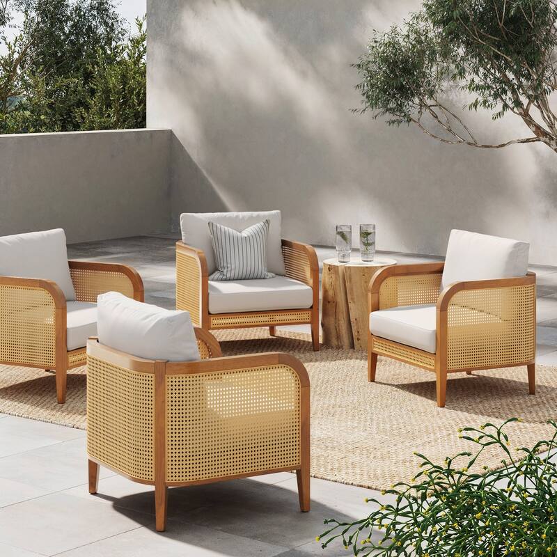 Twila Bohemian Outdoor Upholstered Rattan Patio Seating with Solid Wood Frame - 4 Chairs - Linen White/Acacia