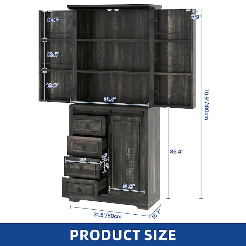 Moasis Farmhouse Kitchen Pantry Storage Cabinet with Barn Doors And 4 Drawers