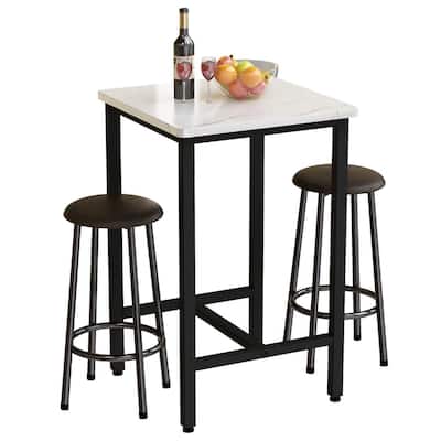 3 Piece Bar Table Set, Square Pub Table with 2 Stools, Faux Marble Dining Table Set of 2, Kitchen Counter Height Table Set - N/A