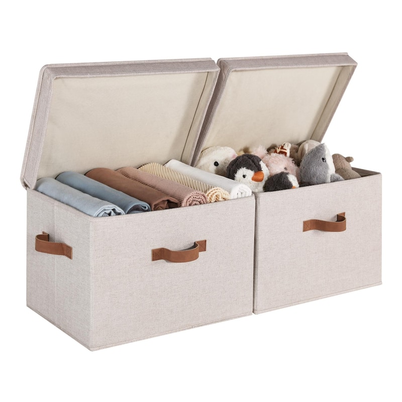 2-Pack Closet Storage Bin with Lid and Handle, Large Fabric Storage Box for Clothes, Towels, Toys, Shoes - Large - Brown