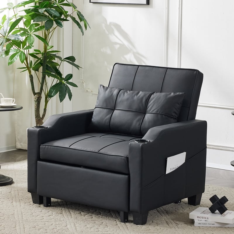 Chair Bed, Sleeper Sofa Chair Bed 3 in 1, Adjustable Recliner,Armchair, Sofa, Bed, Linen - Black