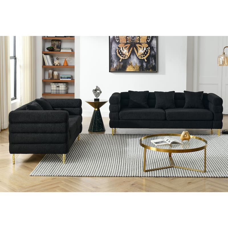 Roomfitters Luxury 3-Seater Teddy Fabric Sofa with Gold Metal Legs, Deep Seating Couch with Pillows - Black - 3+2 Seater