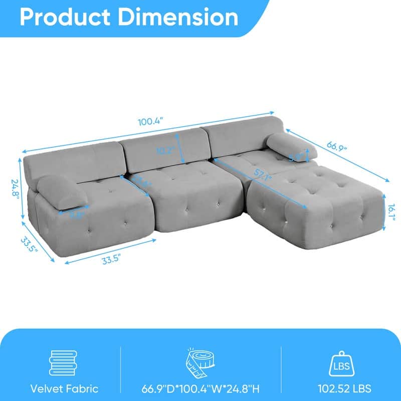 Mixoy 100inch Modular Sectional Sofa with Ottoman,Velvet 3-Seater L-Shaped Couch for Living Room - 100.4"w x 66.9"D x 24.8"H