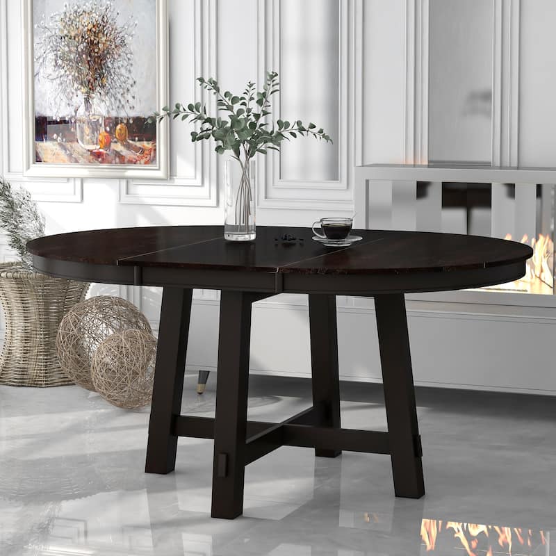 Farmhouse Round Extendable Dining Table with 16" Leaf Wood Kitchen Table - Espresso