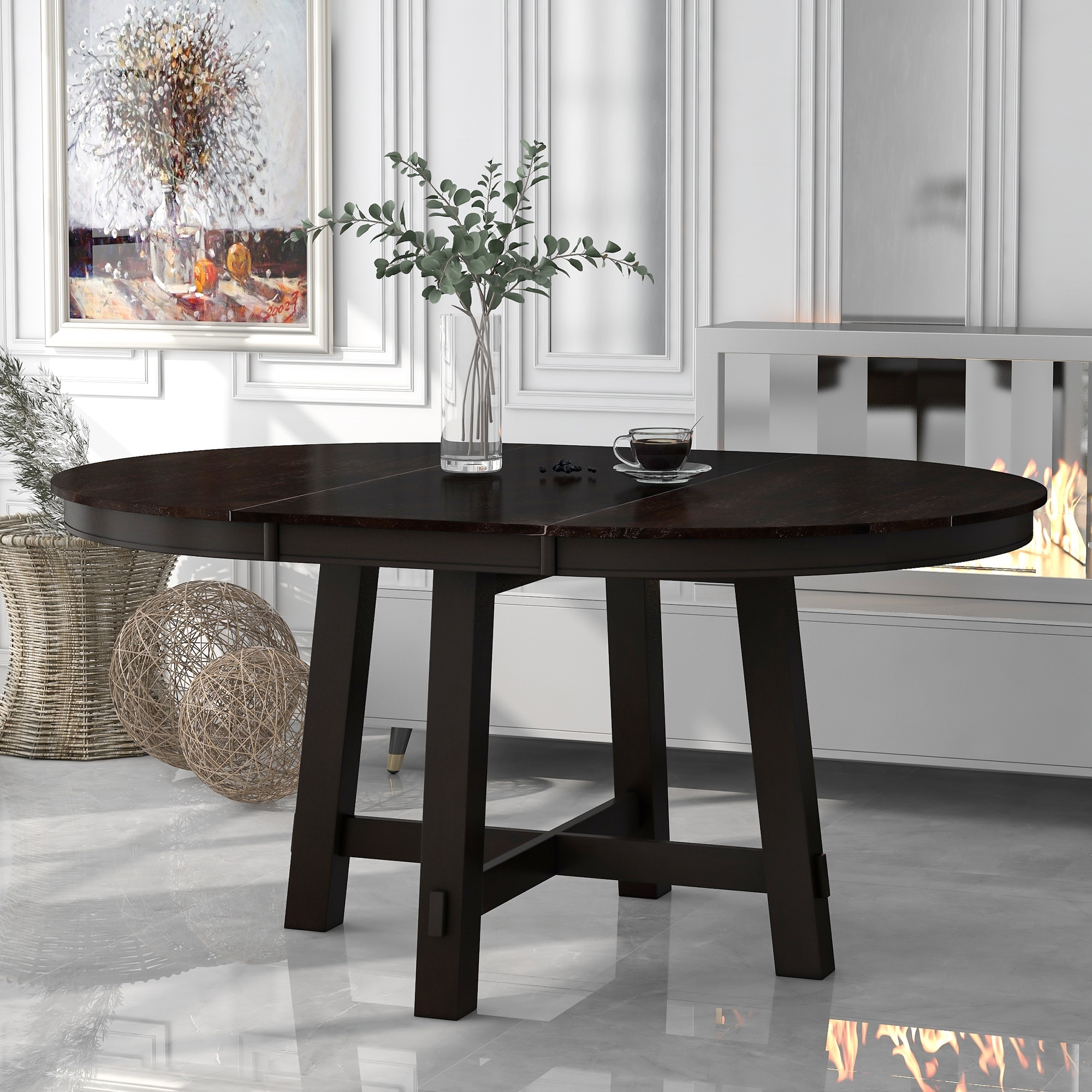 Roomfitters Farmhouse Round Extendable Dining Table with 16" Leaf for Kitchen or Dining Room