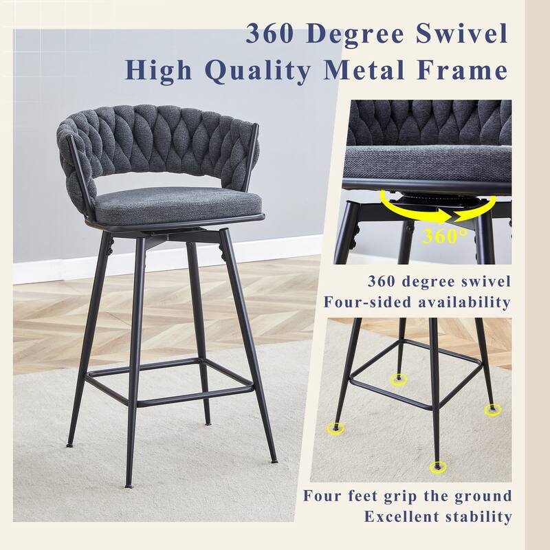 Set of 2 Bar Stools with Breathable Cotton and Linen Soft Cushions, Black spray-painted Iron Frame