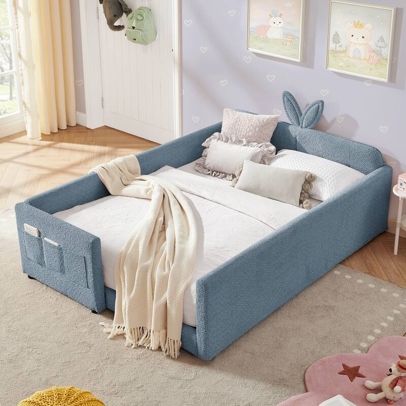 Full Size Upholstered Platform Bed with Cute Rabbit Ear Shaped Headboard, with Safety Rail and Pocket, Boucle Fabric