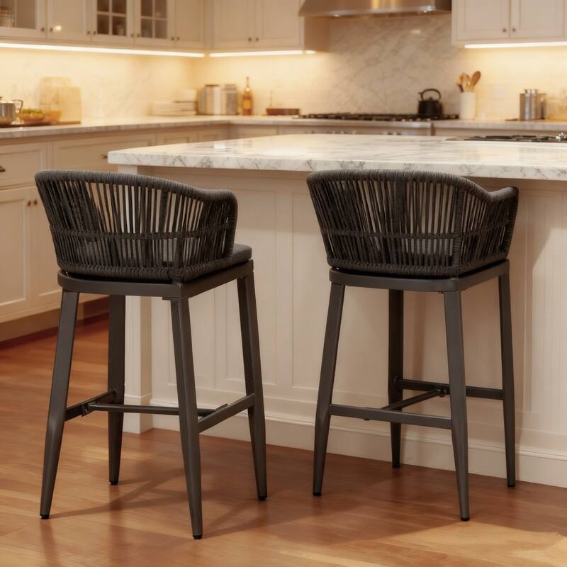 PURPLE LEAF Modern Rattan Bar Stools Set of 2 with Cushion and Back Counter Stools