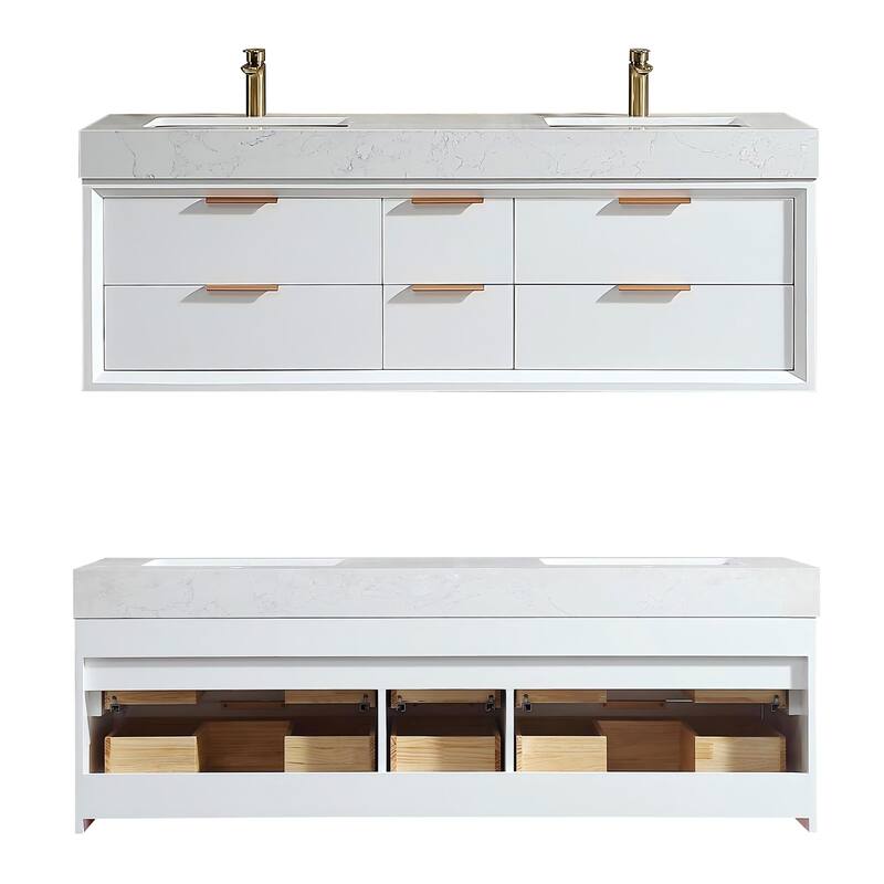 36/48/60 Modern Floating Bathroom Vanity with Sinle/Double Sink & Soft-Close Drawers & LED Lighting & Waterproof, White