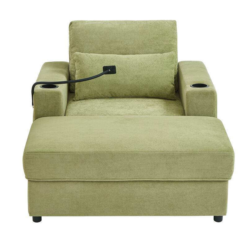 Chaise Lounge Sofa Couch with a Movable Storage Ottoman, Two USB Ports, Two Cup Holders, a Phone Holder，Side Pockets
