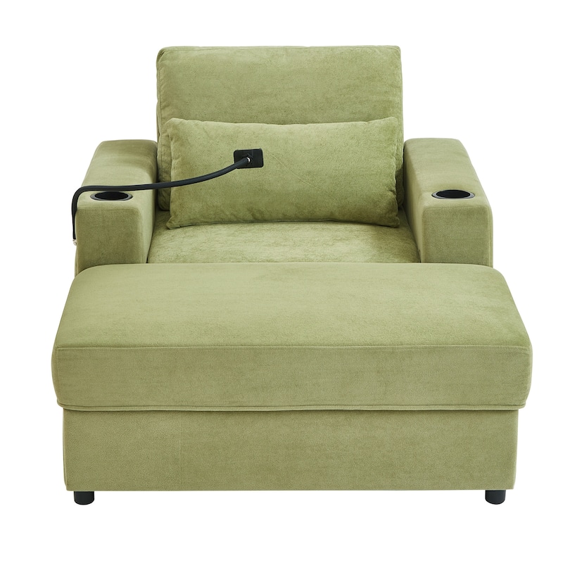 Modern Style Armchair with a Movable Storage Ottoman, Two USB Ports, Two Cup Holders, a Phone Holder and Side Pockets