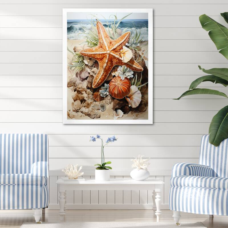Designart "Orange And Blue Starfish Sands II" Coastal Tropical Wall Decor Orange Coastal Entryway Framed Wall Art Print - 30 in. wide x 40 in. high - White