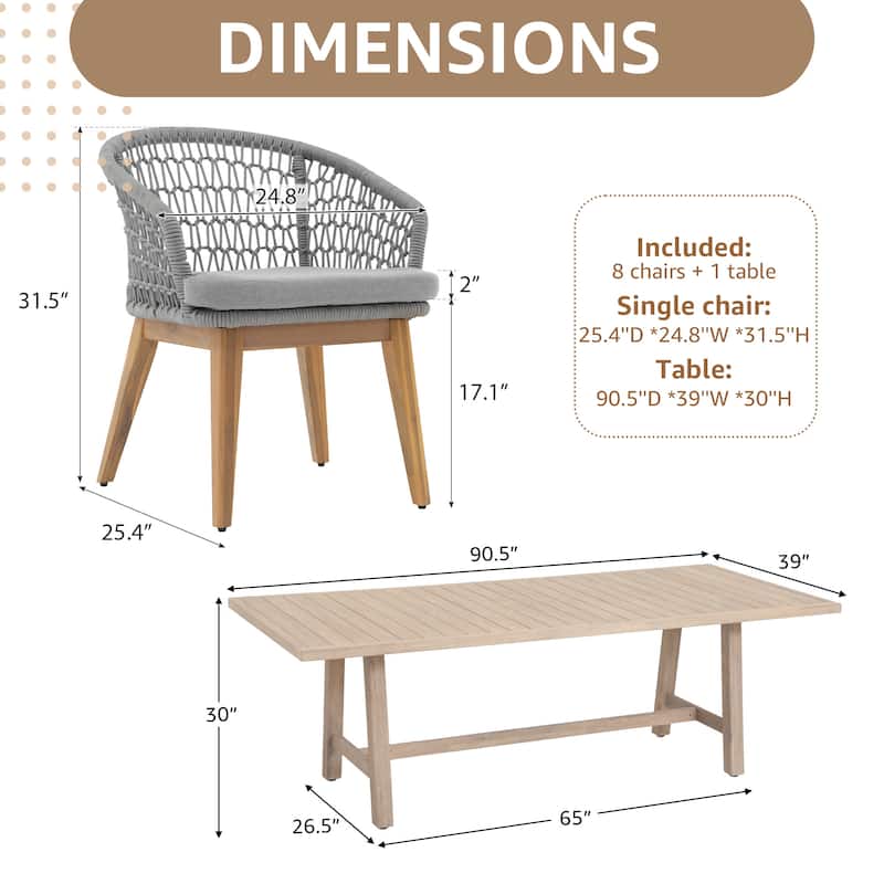 Outdoor 9-Piece Woven Rope Dining Chair and Wood Table Set