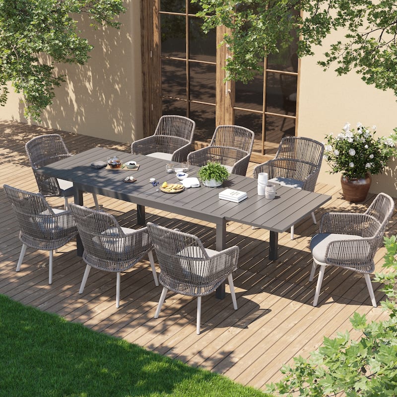 Outdoor Patio Dining Sets with PE Wicker Chairs and Extendable Aluminum Dining Table for 8 Persons