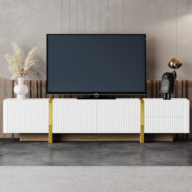 White 74" TV Stand with Cabinets, Drawers & Gold Legs for TVs Up to 80"