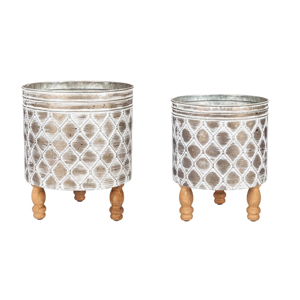 Embossed Metal Planter with Wood Legs, (Set of 2)