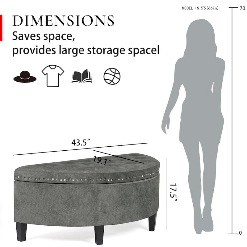 Adeco Half Moon Storage Ottoman Lift Top Entryway or Bed Bench