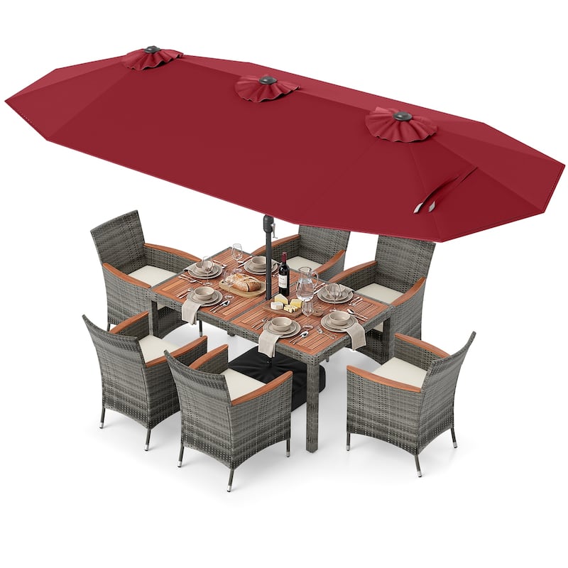 Gymax 8-Piece Patio Dining Set w/ Double-Sided Market Umbrella Acacia - Wine