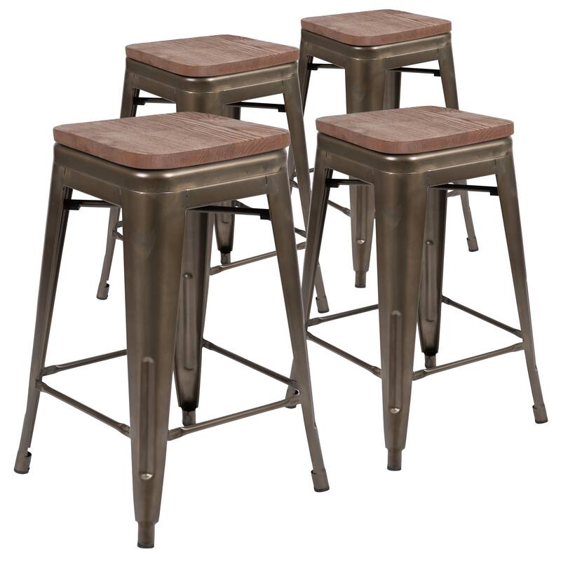 4 Pack 24" High Metal Indoor Counter Bar Stool with Wood Seat - Stackable Stool