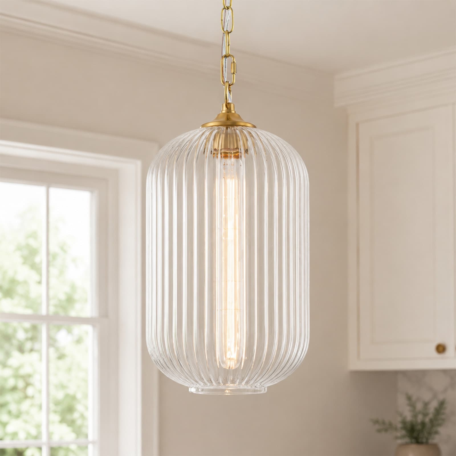 Rennnsan 1-Light Modern Ribbed Glass Pendant Light for Kitchen Island Dining Room - 7.9" W x 13" H