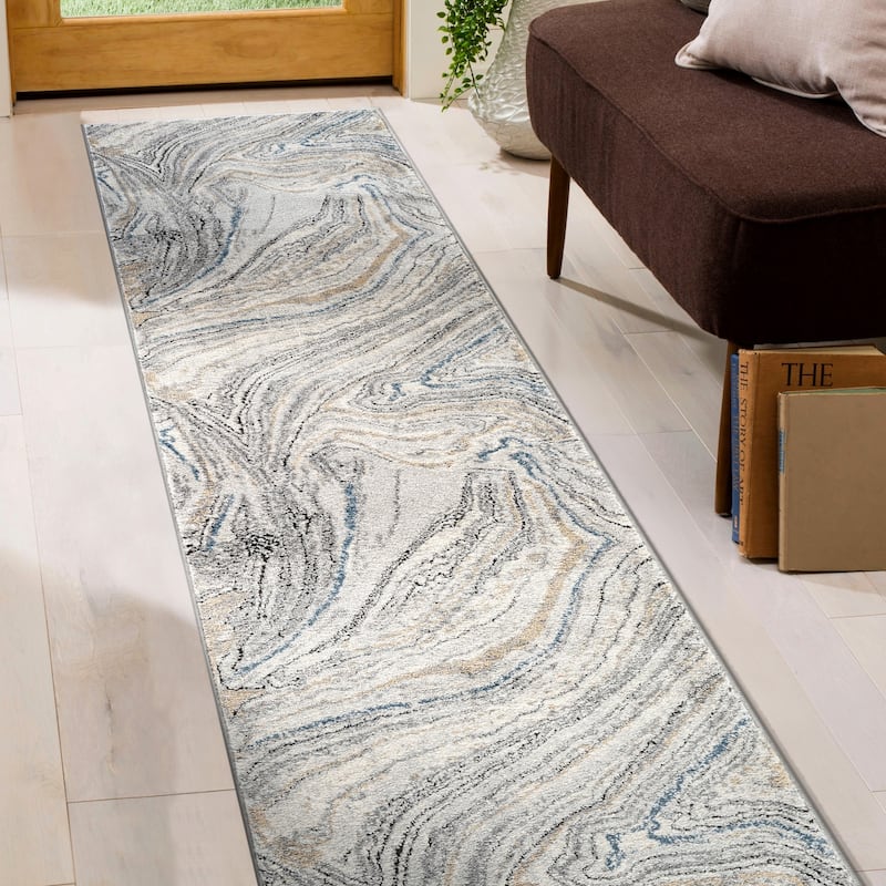 Marble Swirl Distressed Area Rug - Low-Pile Rug for Living Room, Bedroom - Polypropylene/Polyester with Jute Backing - 2' 3" x 6'