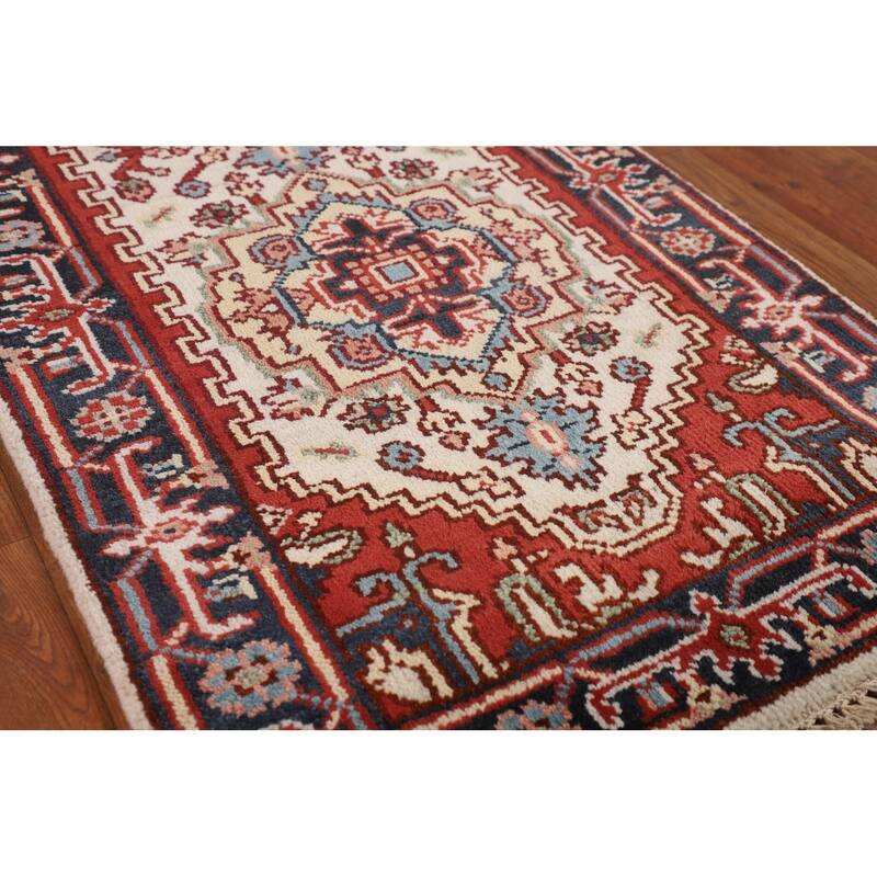 Ivory Geometric Heriz Serapi Runner Rug Hand-Knotted Wool Carpet - 2'6"x 7'10"