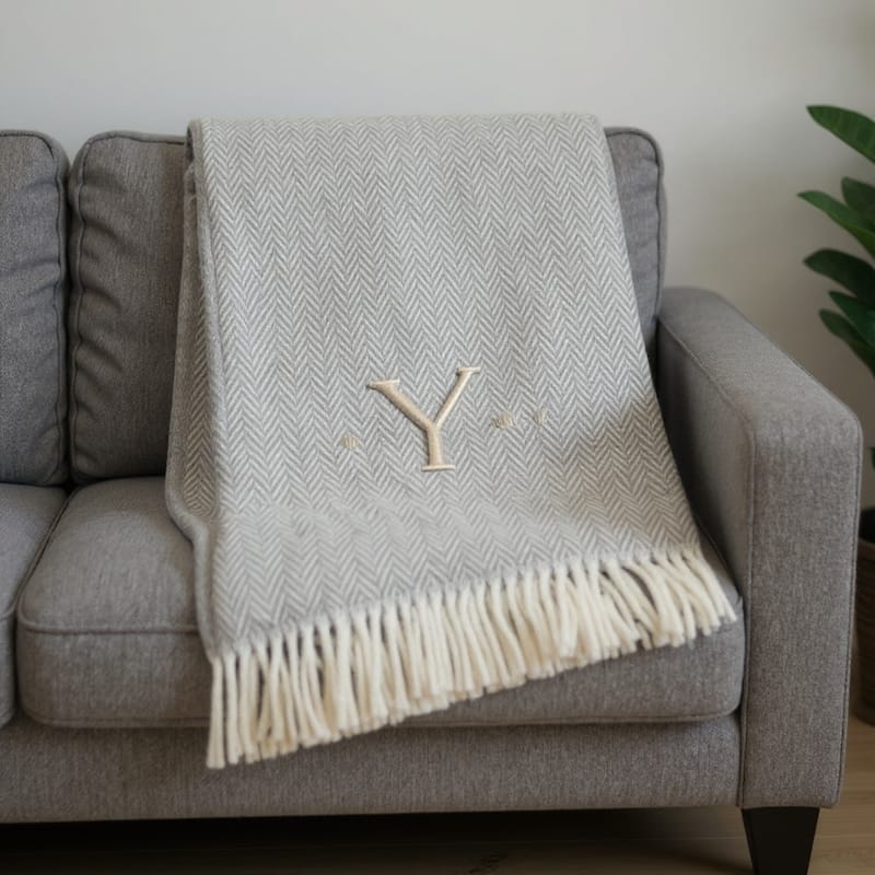 HomeRoots 55" X 70" Gray And White Herringbone Cotton Blend Y Initial Throw Blanket with Tassels And Embroidery - Throw - White/Gray