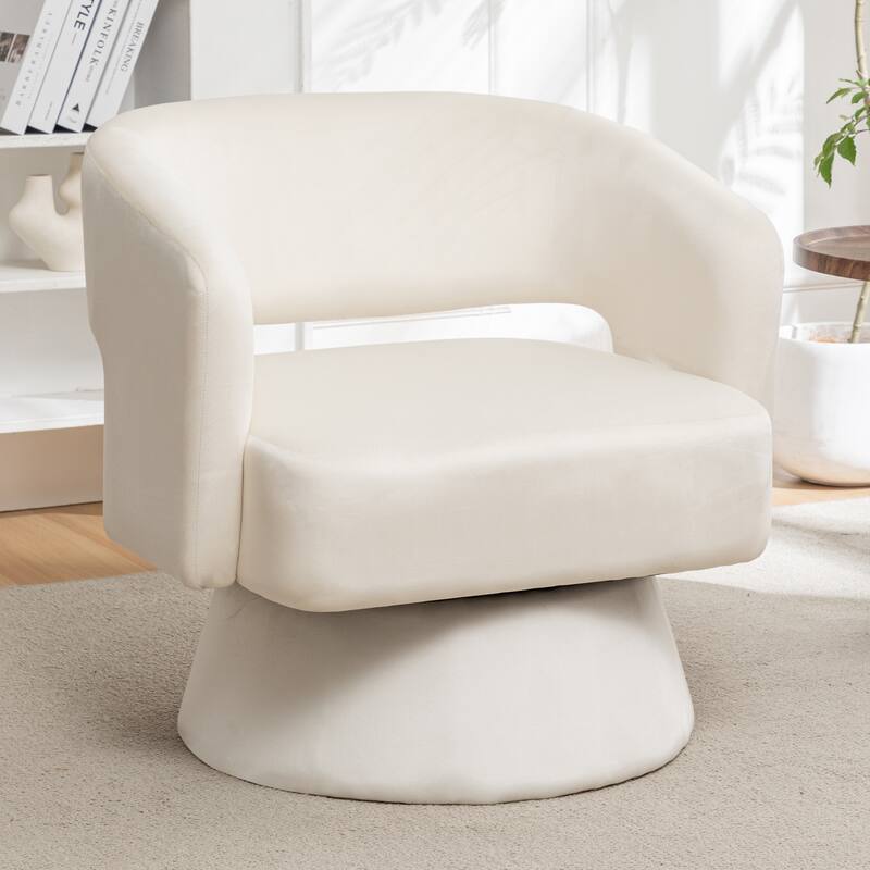 White Modern 30.1" Upholstered 360° Swivel Barrel Chair with Open Backrest and Solid Wood Frame - White