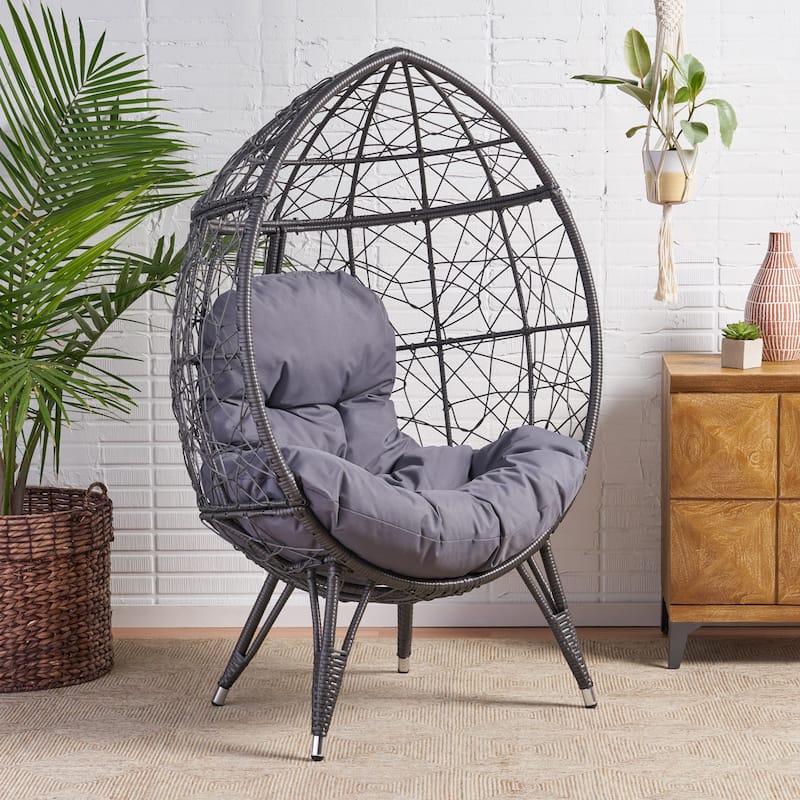 Gianni Teardrop Chair Gray PE Rattan Iron Frame Waterproof Fabric Cushion Outdoor Patio