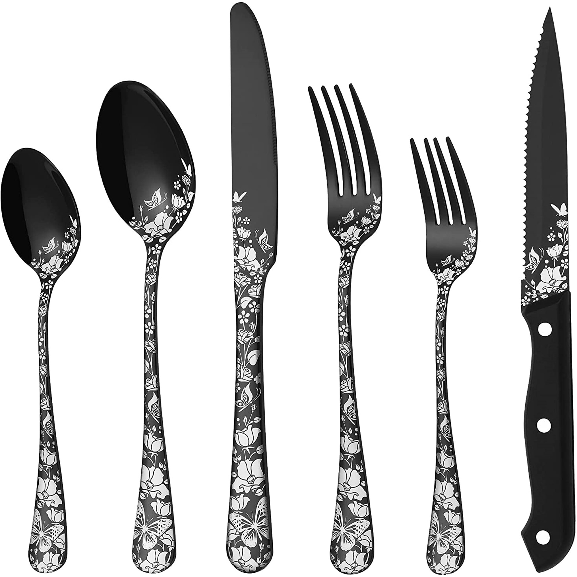 24-Piece Black Silverware Set with Steak Knives for 4, Flatware ...