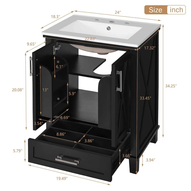 24" Bathroom Vanity with Ceramic Sink, Solid Wood Frame, Soft-Close Doors, Drawer and Shelves, Freestanding Storage Cabinet