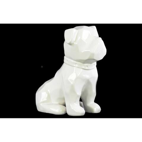 Geometrically Carved Sitting British Bulldog Figurine In Ceramic, White - As Pictured