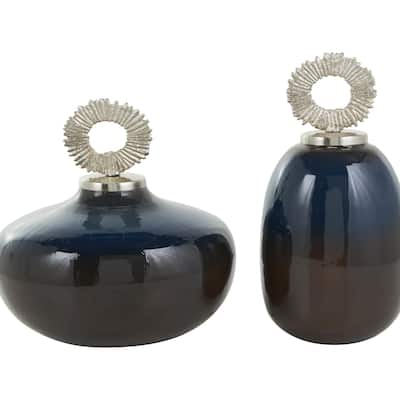 Metal Living Room Decorative Jars with Silver or Gold Ring Handles - Set of 2 Blue or White - Roche River Decor