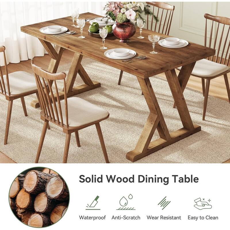 63 Inches Farmhouse Rectangular Solid Wood Dining Table for 4-6 People