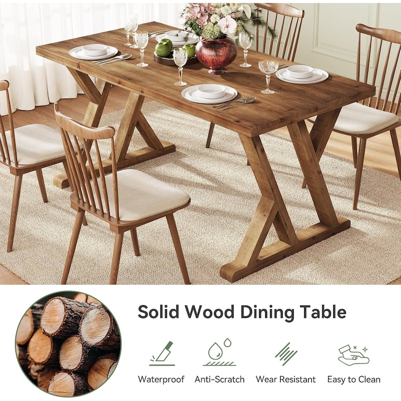 Solid Wood Dining Table for 4-6 People, 63 Inch Rectangular Farmhouse Kitchen Table - 62.99" L x 31.5" W x 29.92" H