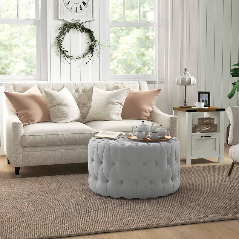 Velvet Foam Padding Ottoman Bench with Button Tufted Design Ideal use as Coffee Table or Shoe Stool - Light-Grey