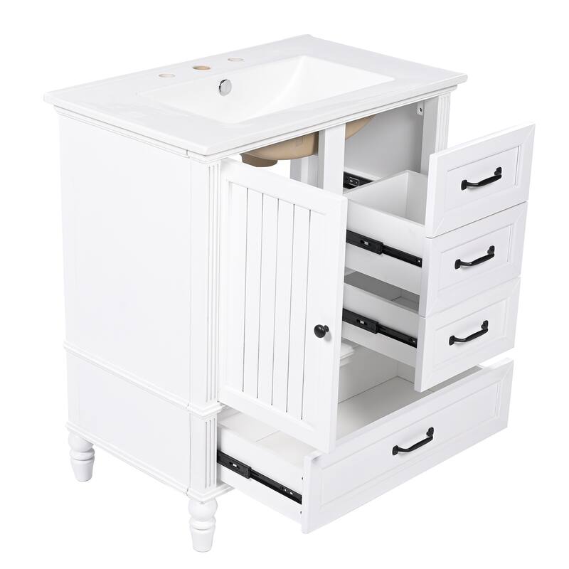 Roomfitters 30" Bathroom Vanity with Integrated Ceramic Sink, Solid Wood Frame and 3-Drawer Storage